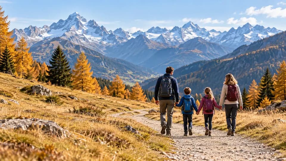 Familie auf einem breiten Wanderweg vor einer Berglandschaft.
