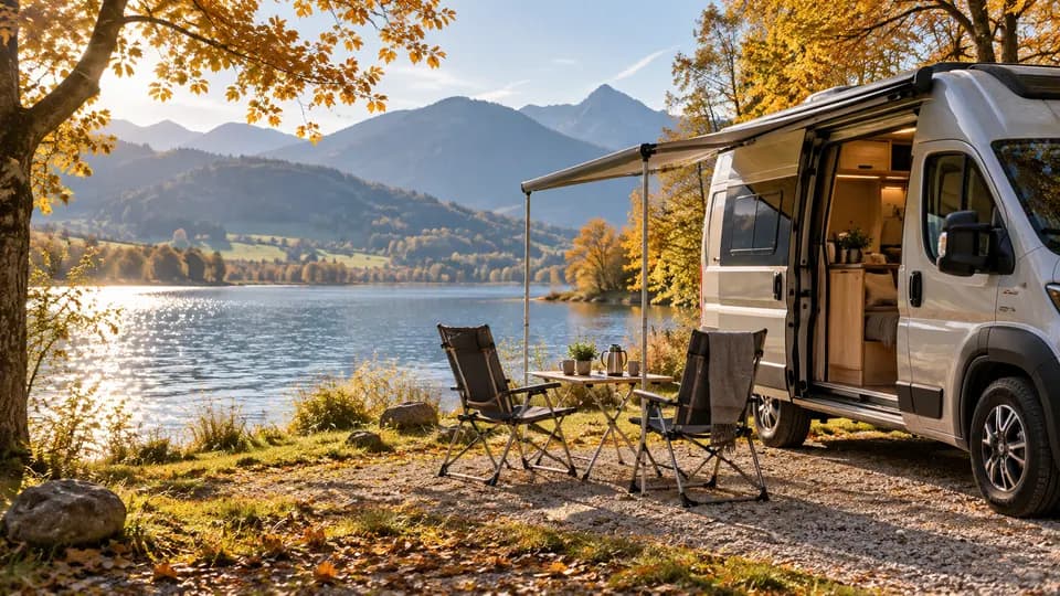 Wohnmobil und Campingstühle auf einem gepflegten Stellplatz am See.