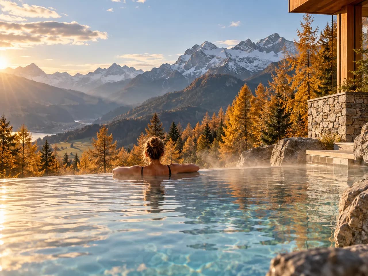 ruhiger Außenpool vor einer Alpenlandschaft, kein konkreter Betrieb.