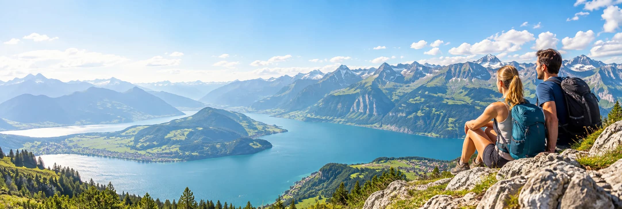 Zwei Reisende mit Blick über einen sonnigen Alpensee