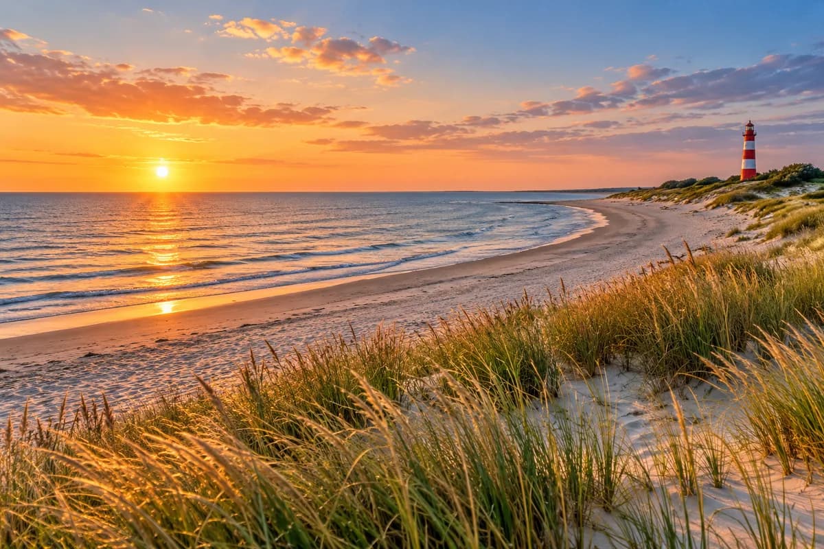 Dünen, Strand und Leuchtturm an einer deutschen Küstenlandschaft