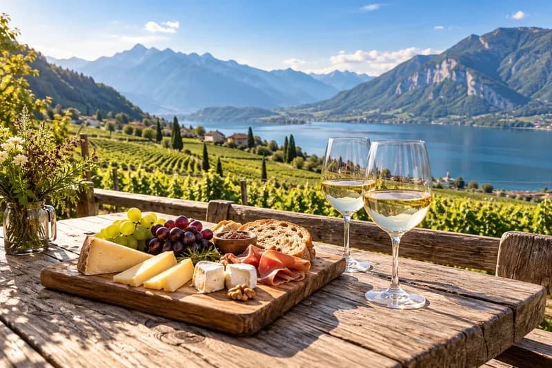 Regionale Genussmomente auf einer Terrasse mit Weinbergen und Seeblick