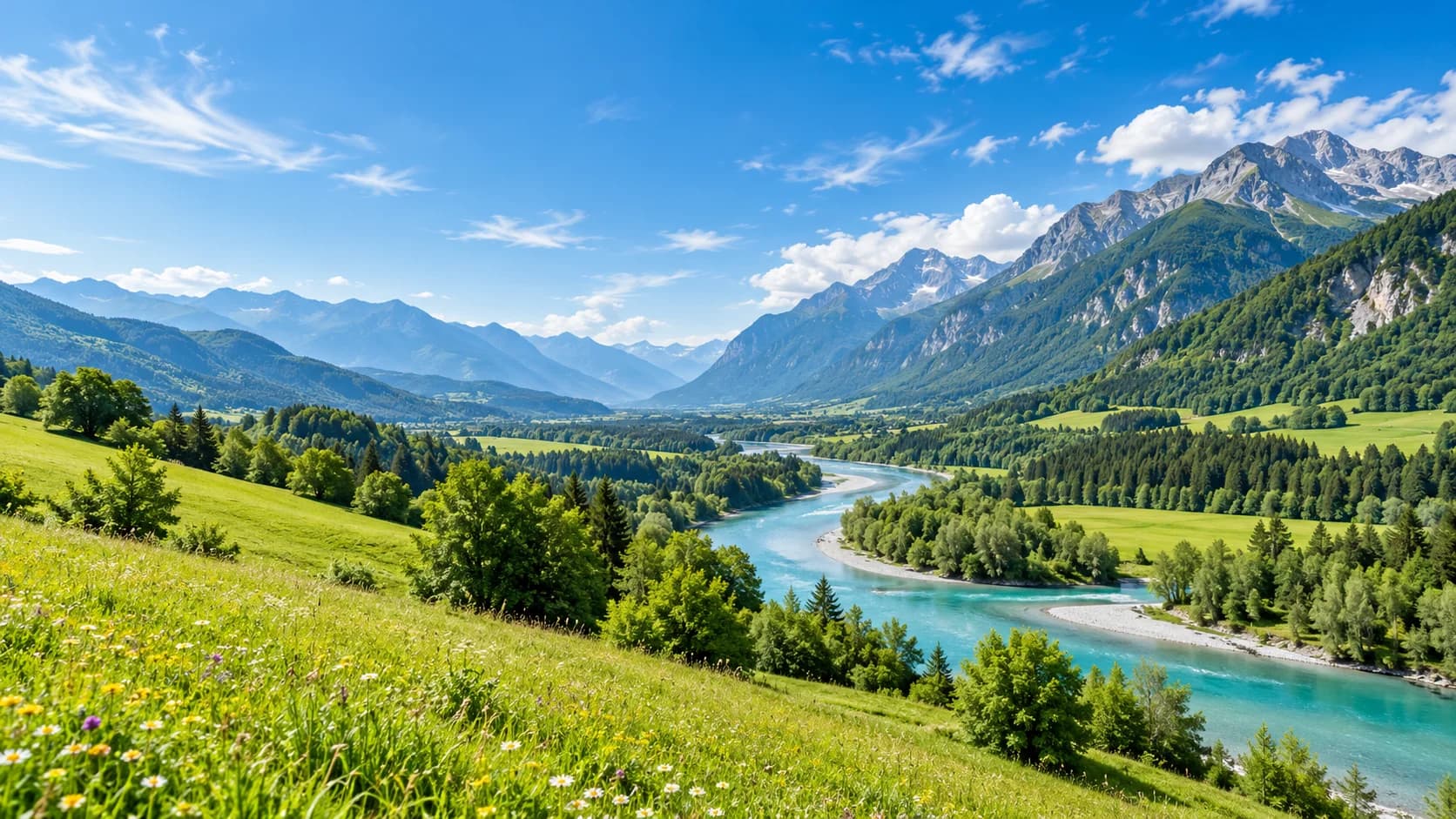Grünes Alpental mit Fluss, Wiesen und Bergen