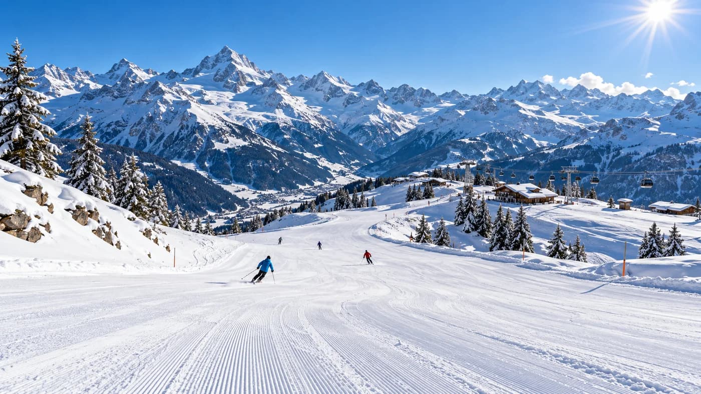 Schweizer Skipiste vor verschneitem Alpenpanorama