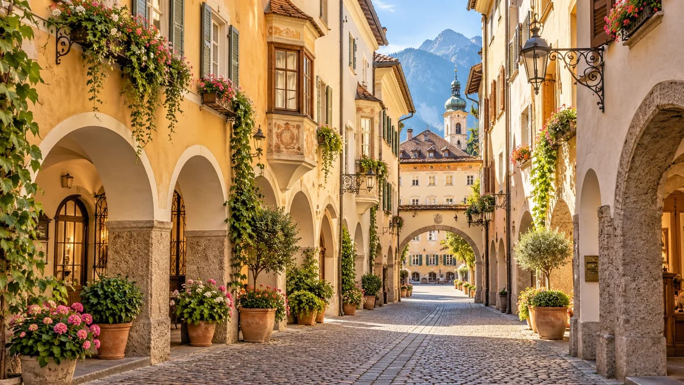 Südtiroler Altstadtgasse mit Laubengängen und Blumenschmuck