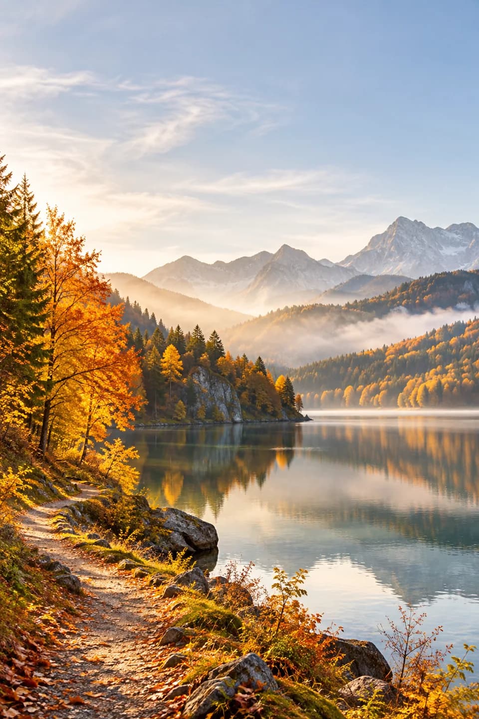 Goldenes Herbstlaub an einem ruhigen Bergsee